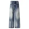 Jeans Azuis Lavados Desgastados com Bigodes para Homens e Mulheres Vibe High Street Americana Calças Trendy de Corte Limpo, Largas, Retas e de Perna Larga