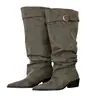 Botas de salto empilhado bico fino estilo europeu e americano para mulheres, com fivela de cinto, botas de montaria de cano alto, botas longas plissadas, novas botas de couro para calça, botas cool