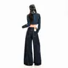 Pantalones vaqueros de mujer transfronterizos, estilo americano, pantalones de pierna ancha sueltos con pliegues de cuatro botones, pantalones largos de mezclilla azul crudo, azul mezclilla cruda extralargos
