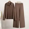 Conjunto de Punto Personalizado de Fábrica Set de Suéteres Otoño Invierno Europeo Americano Cuello Polo Suéter de Punto Pantalones de Pierna Ancha Conjunto de Dos Piezas
