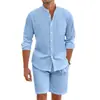 Conjunto de Dos Piezas de Verano para Hombre de Amazon Transfronterizo: Camisa de Lino con Botones, Shorts de Manga Larga, Cárdigan, Atuendo Casual de Playa