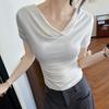 Camiseta Blanca de Cachemira con Hombros Apilados y Manga Corta para Mujer, Verano Nueva, Diseño Base de Cintura Ajustada Slim-fit, Top Puro de Hombro