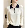 2026 Verão Nova Camisa Slim Fit Emagrecedora Top Estilo College com Gola Reversível em Cor Contrastante Manga Longa Meio Botão Suéter de Tricô para Mulheres