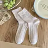 Meias Finas de Verão para Mulheres, Cano Médio com Borda Bolha e Laço de Renda, Estilo Doce Coreano Meias Longas, Algodão Puro