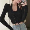 Otoño e Invierno Nuevo Estilo Coreano Cuello Colgante Hombros Descubiertos Con Cordones Falso Dos Piezas Manga Larga Top Cárdigan de Mujer Top de Punto Estilo Perezoso
