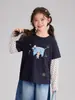 Camiseta Pudding Haru para niños, modelo nuevo de verano 2026 para niños mayores, camiseta estampada de dos piezas simuladas con mangas de malla transpirable