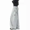 Calça de moletom cinza com estampa de letras estilo americano, unissex, coleção de outono, calça atlética hip-hop retrô, streetwear, calça longa de perna larga