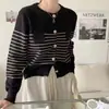Outono e Inverno Novo Estilo Retrô Estilo Gentil Cardigan de Tricô Listrado Casaco Suéter Feminino Gola Redonda Design Moderno Estilo Curto Top