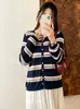 Cárdigan de punto a rayas con cuello en V para mujer talla grande, estilo otoño 2026, estilo fino y suave, chaqueta adelgazante para mujeres talla grande