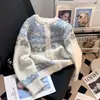 Suéter de tricô gola redonda estilo casual outono e inverno transfronteiriço, cardigã jacquard grosso com blocos de cor estilo universitário, suéter Fair Isle para mulheres