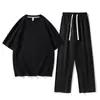 Traje de Moda Americano Duas Peças Gola Redonda Masculino Novo Primavera Casual Calça Longa Marca Tendência Transfronteiriça Manga de Cinco Pontos Branco