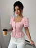 Moda de Verano Transfronteriza Europea y Americana para Mujer Camisa Casual Elegante Cuello Cuadrado Manga Abullonada Manga Corta Top Dulce