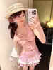 Moda Praia Feminina Estilo Duas Peças Ilha Resort Doce Girly Busto Pequeno Decote Halter Saia Franzida Cobertura da Barriga Emagrecimento