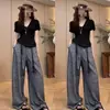 Conjunto de verão super estiloso: um conjunto completo de top de tricô chic estilo coreano com decote V e nó e calça pantalona solta duas peças para mulheres
