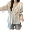 Camisa de Gasa con Cuello Volante y Mangas Tres Cuartos Nueva de Verano para Mujer Talla Grande, Top Holgado Adelgazante y Versátil que Cubre el Vientre