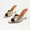 Nuevas sandalias de tacón alto plateadas de punta estilo europeo y americano para mujer, a la moda con decoración de abanico de diamantes de imitación, mules de punta abierta