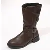 Botas de cano médio estilo pós-apocalíptico com fivela de comércio exterior para mulheres, novidade de outono, botas western cowboy retrô de couro amassado no meio da panturrilha