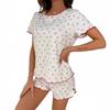 Nova Coleção Primavera e Verão 2024 Europeia e Americana Amazon Mais Vendido Estampado Casual Shorts para Casa Manga Curta Conjunto de Duas Peças Roupa Feminina