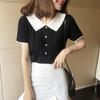 Boneca Collar Top Verão Chanel Estilo Ice Seda Manga Curta Cintura Alta Cintura Curta Botão Lapela Polo Suéter de Malha