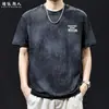 Camiseta de Manga Curta com Textura de Linho, Leve e Respirável para Homens, Verão, Caimento Solto, Tamanho Grande, Estampa de Letras Retro Desgastada, Marca Tendência