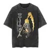 Tamanho Europeu Transfronteiriço Camiseta Masculina de Manga Curta Lavada Vintage Desenho Animado Anime Estilo Dark High Street Europeu e Americano Camiseta Curta Masculina