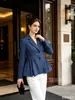 Amazon 2025 Outono Nova Moda Terno Listrado Elegante para o Trabalho Azul Feminino Plus Size Estilo Europeu e Americano