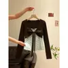 Camiseta top de dos piezas falsas con lazo color café, súper bonita, estilo coreano