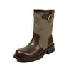 Botas Martin de couro bovino de duas camadas + tecido, novo modelo de outono, bico redondo, salto médio, sem cadarço, botas únicas com blocos de cor, botas de cano médio