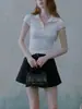 Top tipo polo bordado en color block, ligero y juvenil, para mujer, camiseta blanca de manga corta con cuello camisero para verano, para mujer