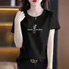 Camiseta de Algodão Puro de Alta Qualidade com Manga Curta para Mulheres Verão Novo Estilo Coreano Simples Diário Acessível Luxo Camiseta Gola Redonda Top Estampado