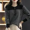 Moda Feminina Nova Primavera Gola Redonda Comprimento Médio Listrado Color Block Botão Único Algodão Solto Casual Tricô