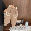 Calça Casual de Outono e Inverno para Meninas, Marca Moderna Estilosa Infantil, Calça Jogger Espessa com Forro de Fleece de Chenille com Acabamento em Renda