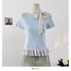Moda de Verano Estilo Coreano Elegante Diseño con Costuras Sentido Polo Lunares Lazo Hombro Camiseta Prendas de Punto para Mujer Top Casual