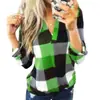 Camiseta de manga larga con cuello en V y estampado a cuadros para mujer, nueva camiseta de comercio exterior europeo y americano WISH para primavera y otoño