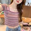 Elegante Top de Punto Rayado de Manga Corta con Cuello Cuadrado para Mujer, Delgado Verano 2026 Nuevo Modelo, Hombro Normal Ajustado Corto