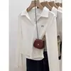 Camiseta de Algodão Puro com Gola Polo, Manga Longa e Ombro Direito para Mulheres, Outono e Inverno, Modelagem Justa na Cintura para Emagrecer, Blusa Curta para Usar por Baixo, para Pessoas Baixas
