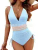 Aliexpress Amazon Popular Transfronterizo Europeo y Americano Multicolores Cuello en V Cubre Piel Tiras Plisadas Aspecto Adelgazante Traje de Baño de Una Pieza para Mujer