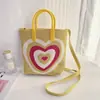 Bolso de Mano de Verano para Mujer con Corazón de Color Contrastante, Textura Tejida, Asa de Silicona, Bolso Cruzado de Mano, Bolso Pequeño Lindo