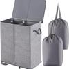 Cesto de roupa suja de camada dupla com tampa e saco de roupa removível, grande cesto de roupa suja dobrável de 2 compartimentos com alça