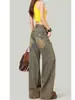 Jeans de Perna Larga Rasgado Estilo Deserto Retro Americano Verão Feminino Design Desgastado Cintura Alta Solto Calças de Perna Larga