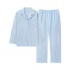 Nuevos Pijamas 2026 para Mujer, Primavera y Otoño, Algodón Puro Suave, Manga Larga, Rayas Azules, Se Pueden Usar Afuera, Holgado, Ropa de Casa 100% Algodón