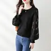 Nuevo Suéter de Punto Simple de Moda para Mujer, Primavera y Otoño 2025, Encaje Calado Patchwork Manga Larga, Cuello Redondo Versátil Juvenil