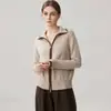 Cardigã de cashmere feminino de fio duplo espesso com gola alta, design de cor contrastante, jaqueta com zíper, novo estilo outono/inverno, mangas compridas que não agridem a pele