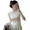 Camiseta de manga larga para mujer, base cálida de terciopelo con hilo, cuello semi-alto, ajustada, con temperamento, otoño e invierno, venta al por mayor transfronteriza