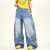 Calça Larga Bordada com Estrelas Coloridas Feminina Solta Estilo Celebridade da Internet Perna Curva Versátil Jeans Petite Mostra Pernas Longas