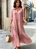 Vestido casual feminino transfronteiriço de cor sólida, estilo preguiçoso, com gola de camisa, design de botão torcido e barra com babados