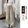 Calça de trabalho retro americana para mulheres, calça casual estilo dopamina nova para primavera e outono, corte solto com bolsos grandes, calça longa de perna larga
