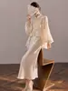 Jaqueta Top de Manga Bufante Bordada Estilo Nacional Novo Estilo Chinês Cor Sólida Elegante Conjunto de Saia de Alça de Acetato N4042