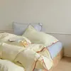 Sábana de Cama Simple de Algodón Puro, Hilo de Algodón Lavado Teñido en Hilo, Funda Nórdica, Sábana Ajustable, Juego de Tres Piezas para Dormitorio, Ropa de Cama Nueva Estilo Japonés
