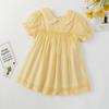 Vestido de Menina Verão Novo Europeu e Americano Roupa Infantil Manga Bufante Feito à Mão Vestido Infantil Manga Curta Vestido de Princesa Algodão Comércio Exterior